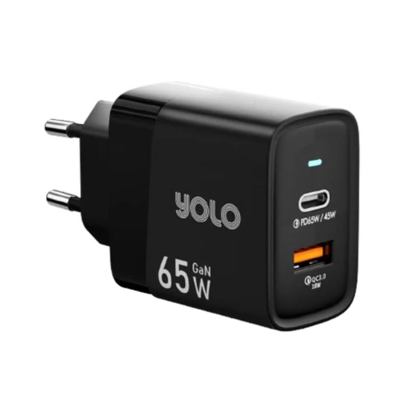 Yolo 65W Dual Port USB-A + Type-C GaN Charger Black – Y-651